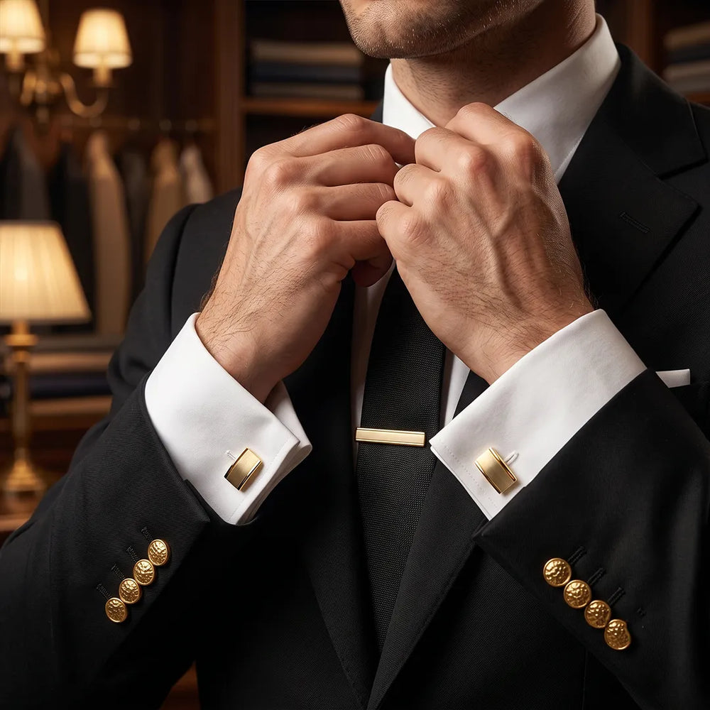 Men's Brushed Gold Cufflinks and Tie Clip Set with Gift Box | Sailor Australia