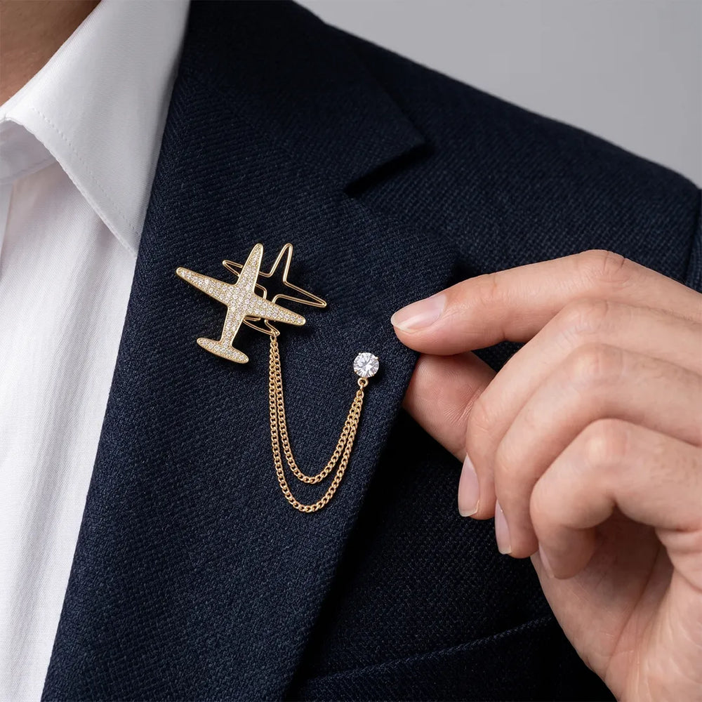 Gold Airplane Crystal Lapel Pin with Chain | Formal & Wedding Accessory