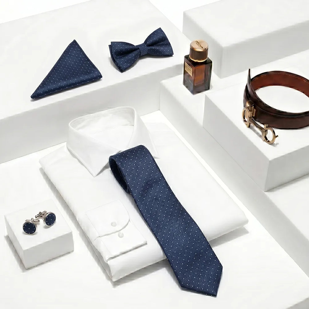 Navy Textured Pin-Dot Tie Set | Wedding & Formal Accessory Set