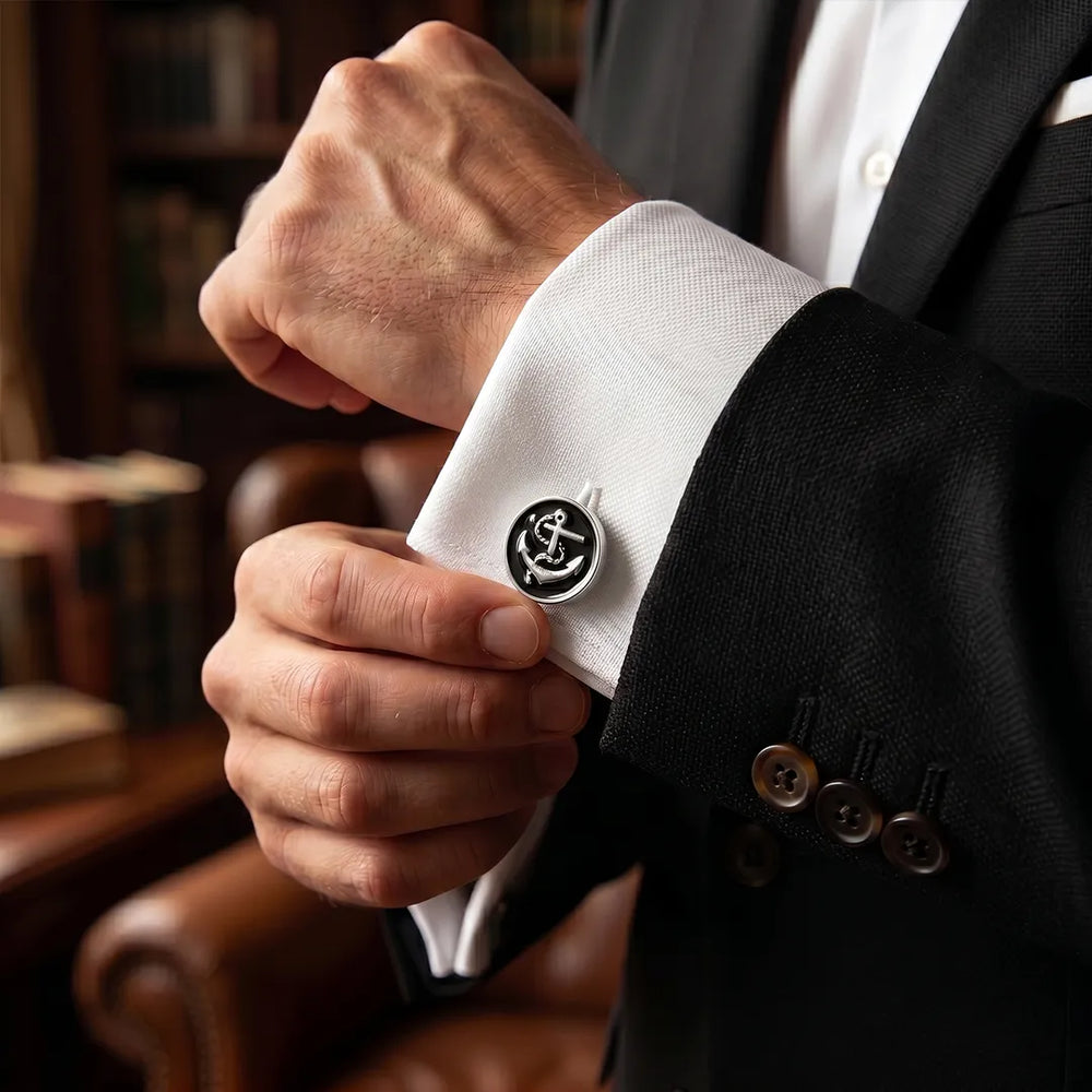 Silver Nautical Anchor Black Enamel Round Cufflinks | Sailor Australia