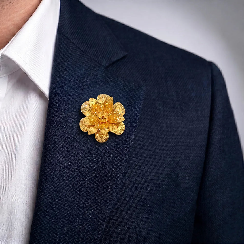 Gold Ornate Flower Lapel Pin | Formal & Wedding Accessory