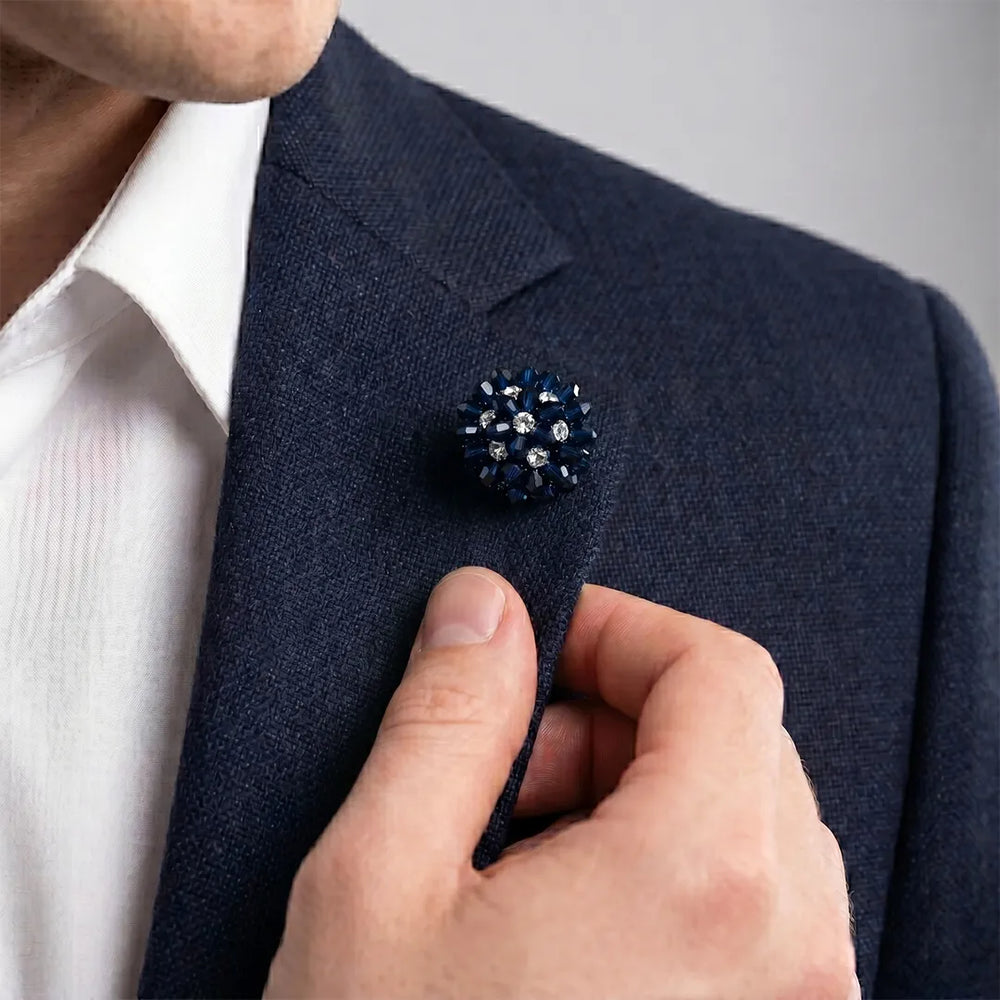 Navy Blue & Crystal Beaded Lapel Pin | Formal & Wedding Accessory