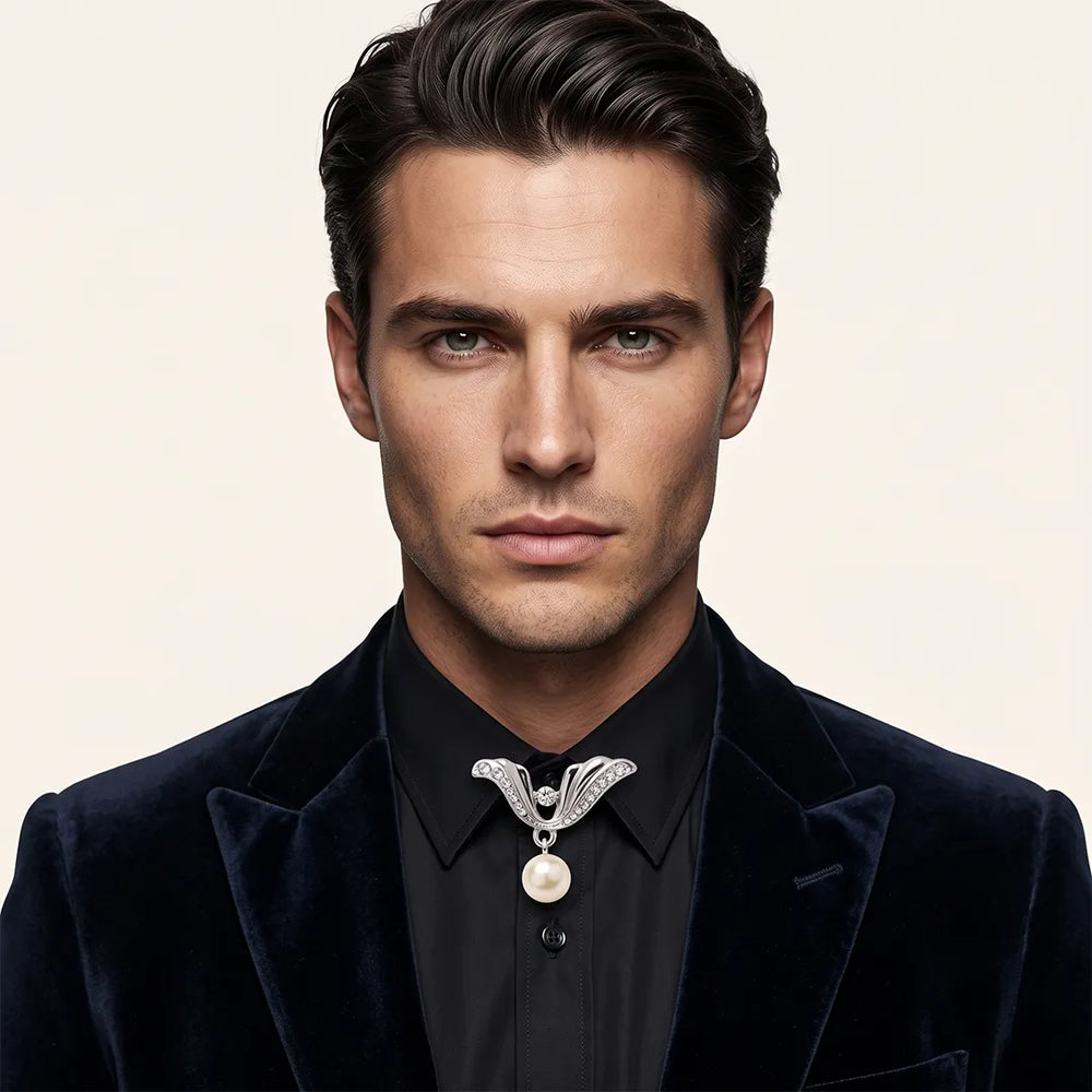 Silver Wing & Pearl Collar Pin | Wedding & Formal Accessory