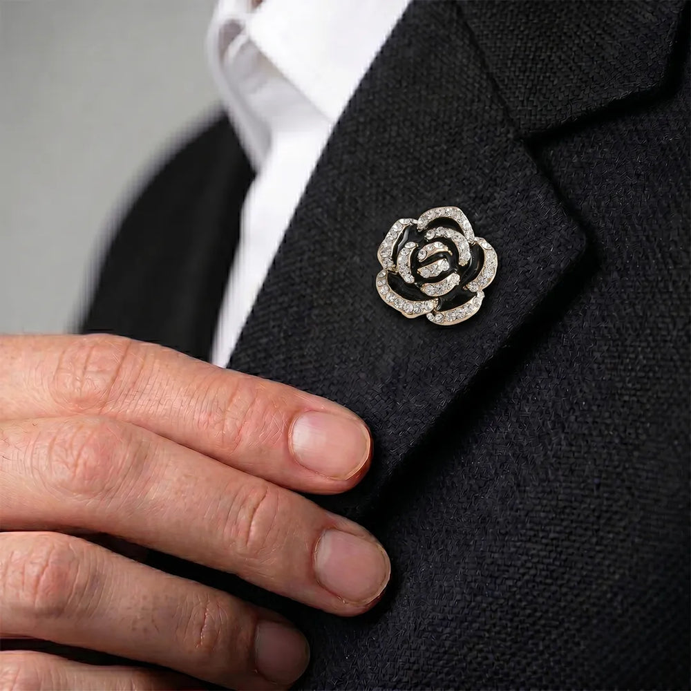Gold & Black Crystal Rose Lapel Pin | Formal & Wedding Accessory
