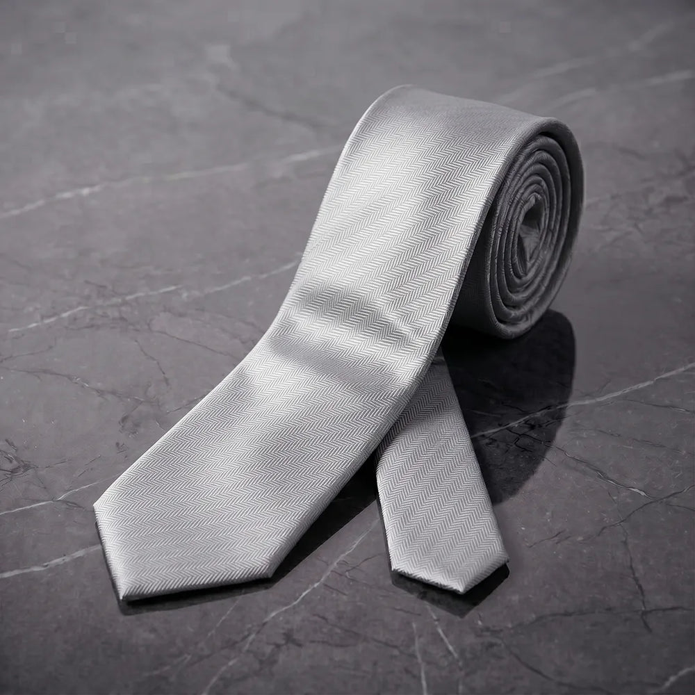 Silver Grey Herringbone Skinny Tie | Polyester Wedding & Formal Necktie