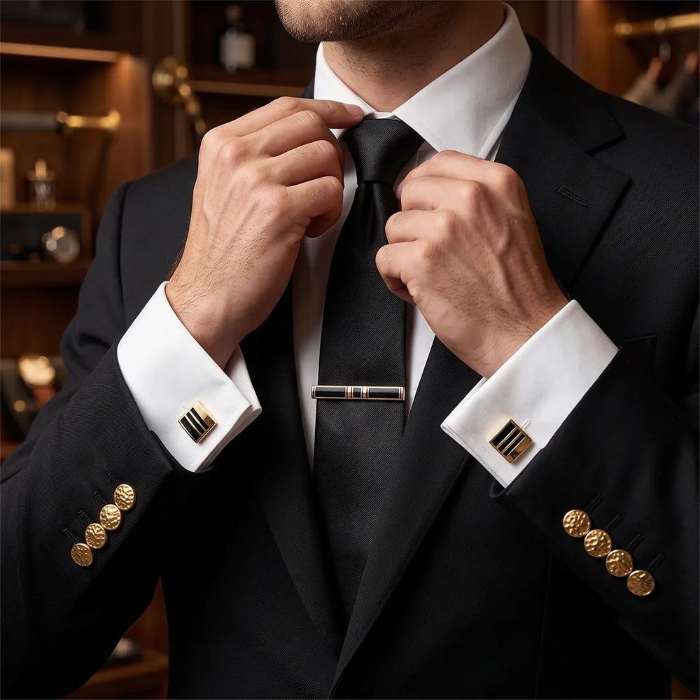 Gold & Black Enamel Cufflink & Tie Clip Set | Wedding & Formal Accessory