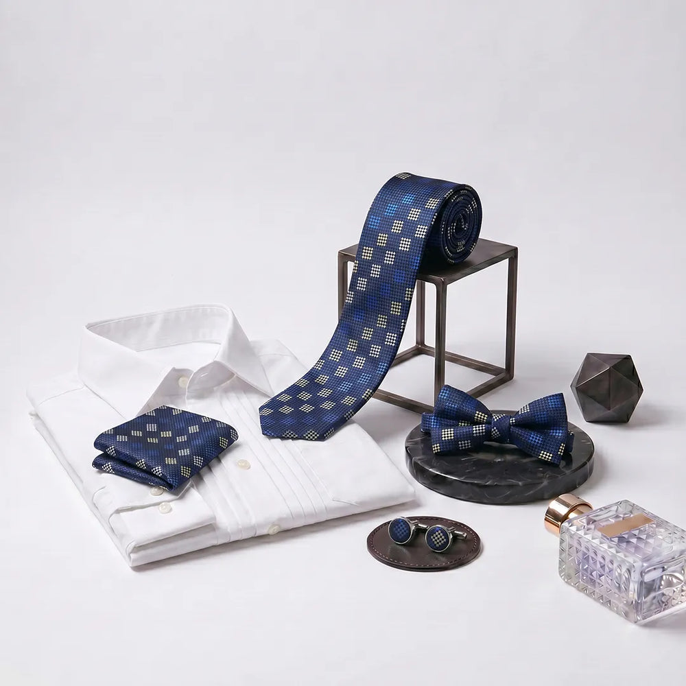 Navy & Gold Geo-Check Tie Set | Wedding & Formal Accessory Set