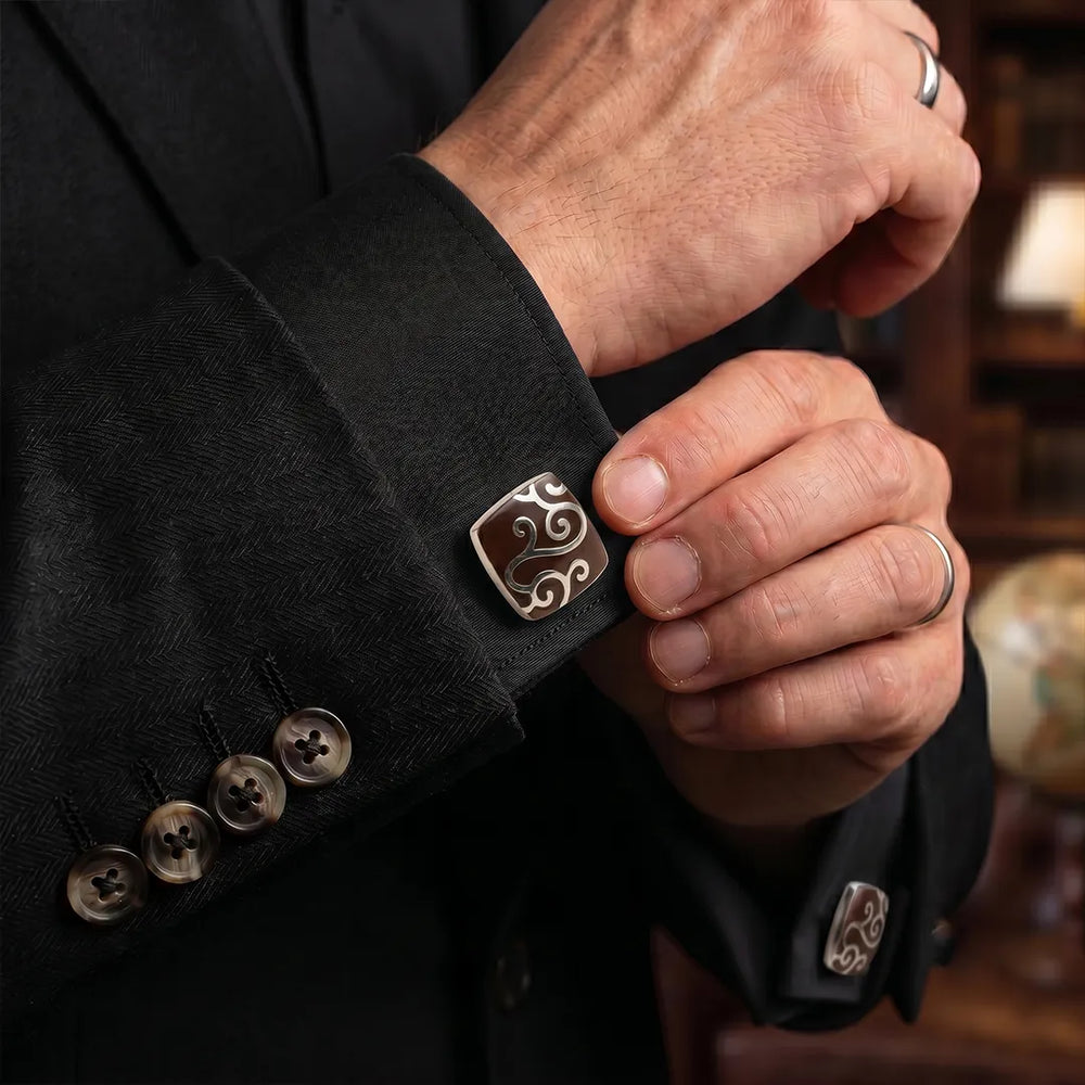 Silver Chocolate Brown Enamel Arabesque Filigree Cushion Cufflinks | Sailor Australia