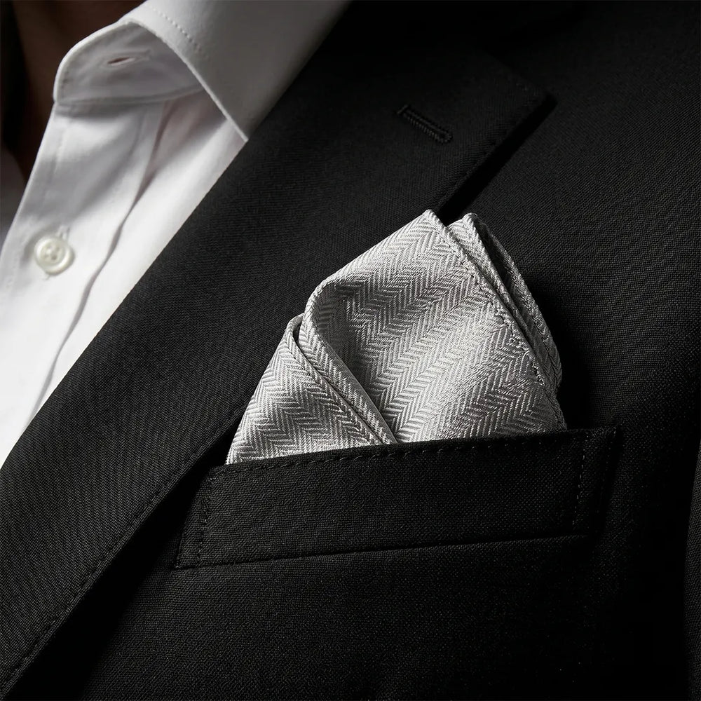 Silver Herringbone Pocket Square | Wedding & Formal Accessory