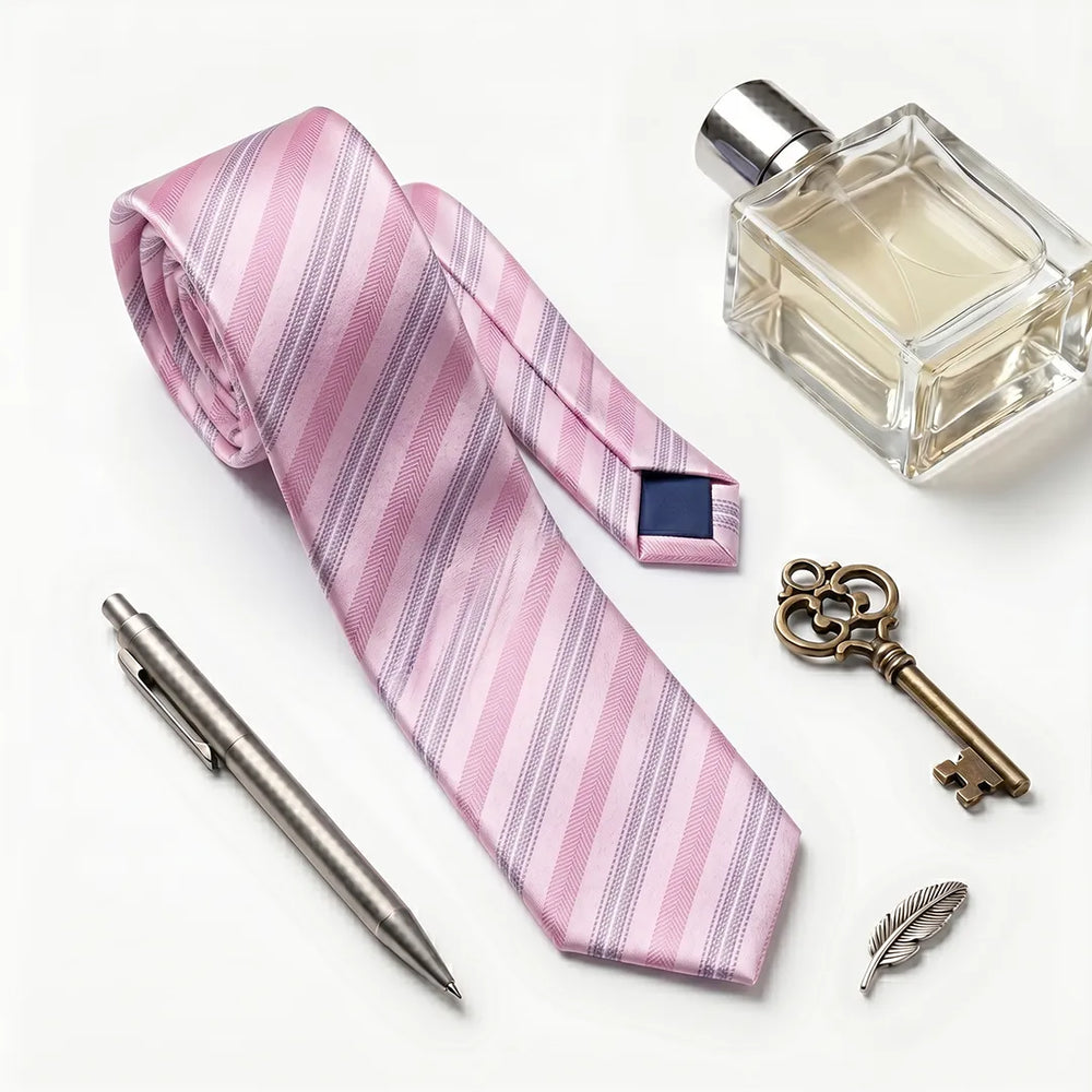 Pink & Grey Stripe Skinny Tie | Polyester Wedding & Formal Necktie