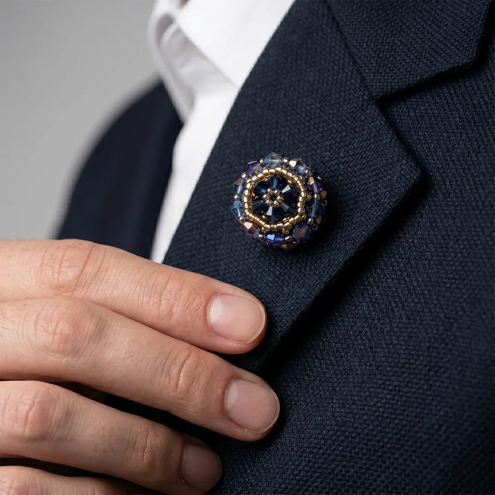 Navy & Gold Beaded Medallion Lapel Pin | Formal & Wedding Accessory