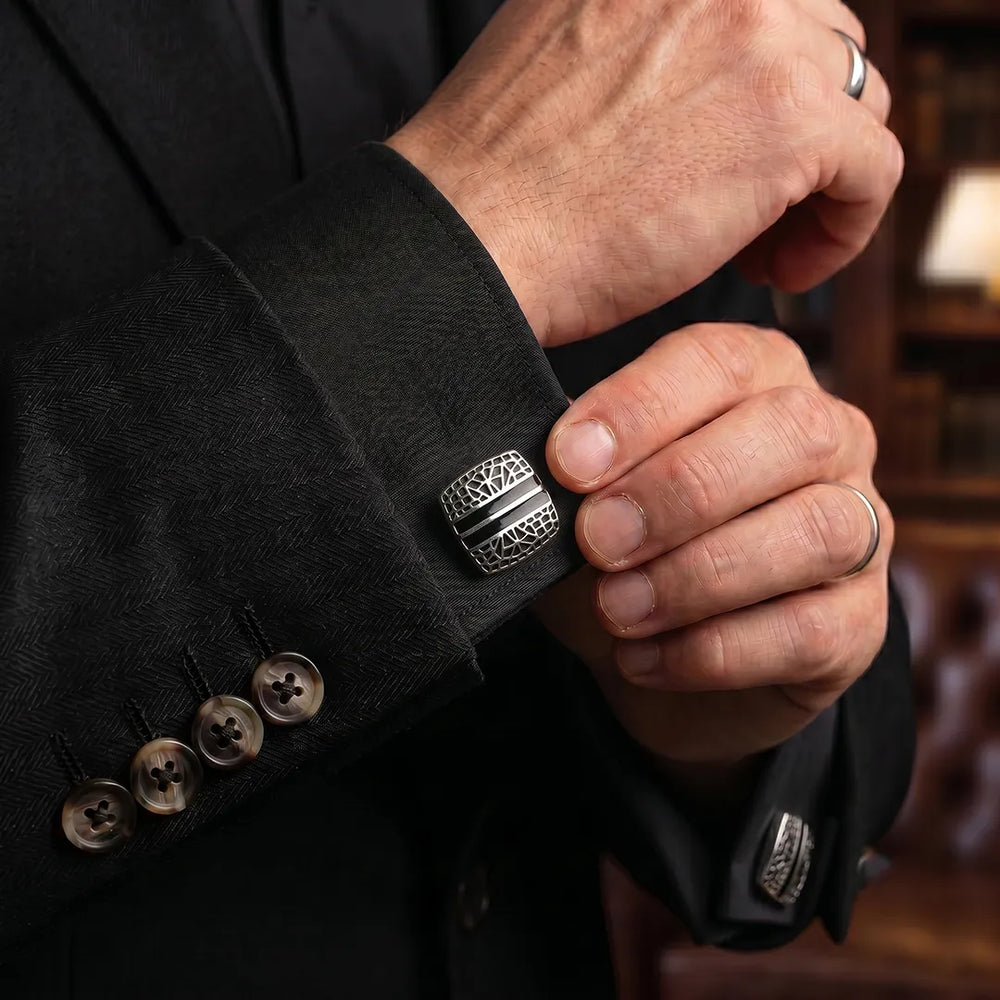 Silver Geometric Lattice Black Enamel Cushion Cufflinks | Sailor Australia