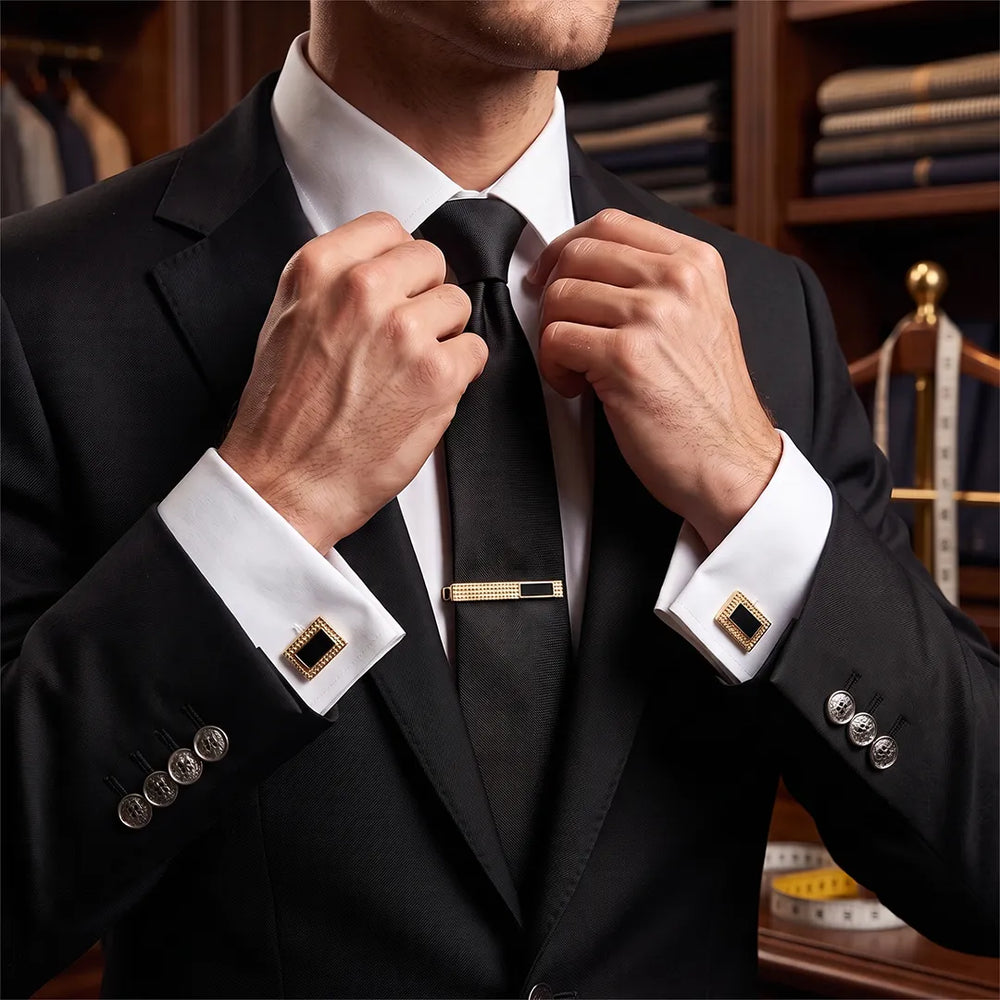Men's Gold and Black Enamel Cufflinks and Tie Clip Set with Gift Box | Sailor Australia