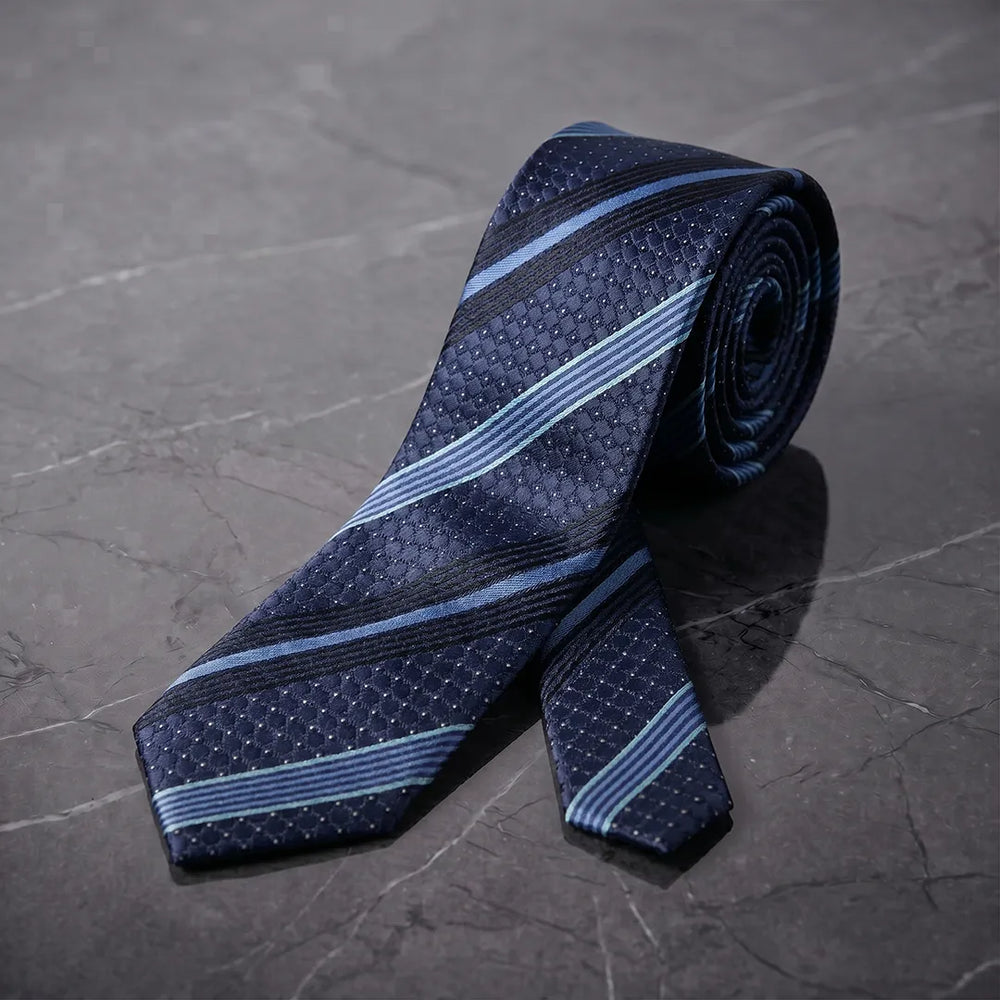 Navy Blue & Light Blue Striped Skinny Tie | Polyester Wedding & Formal Necktie