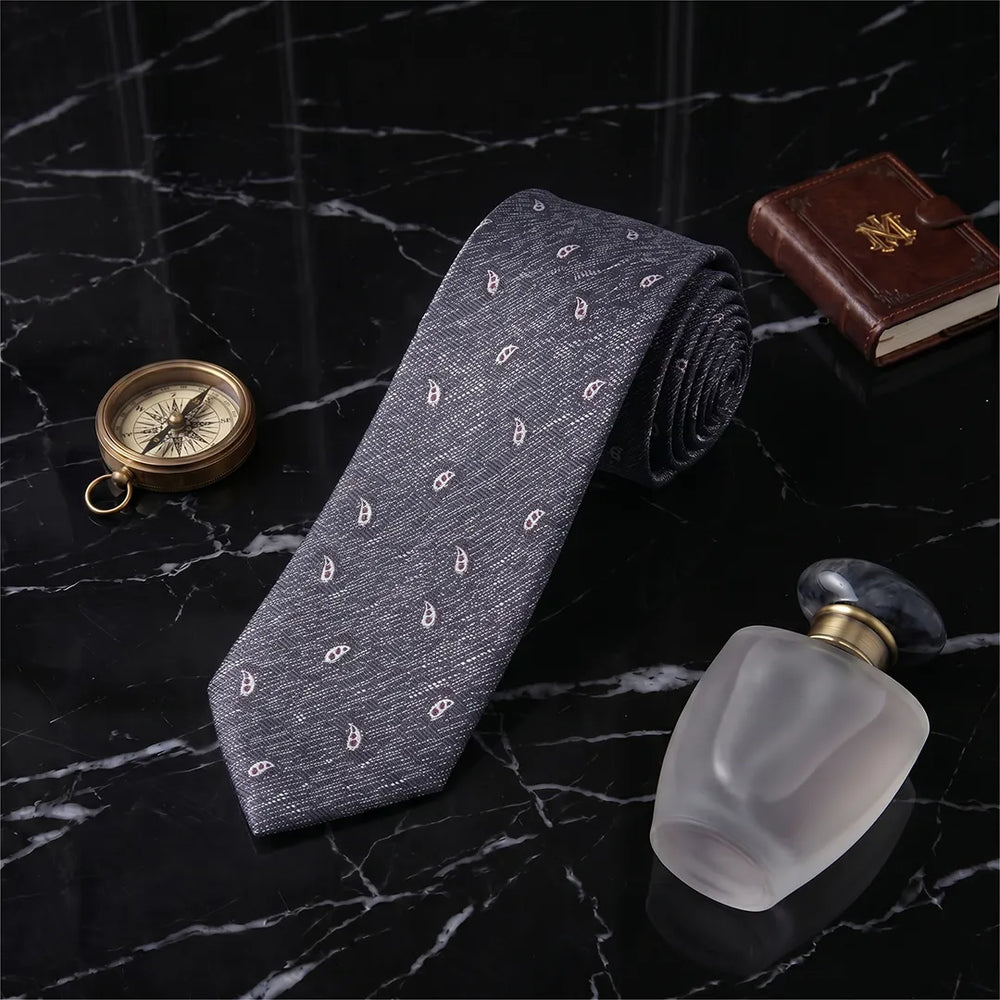 Grey Paisley Skinny Tie | Polyester Wedding & Daily Necktie