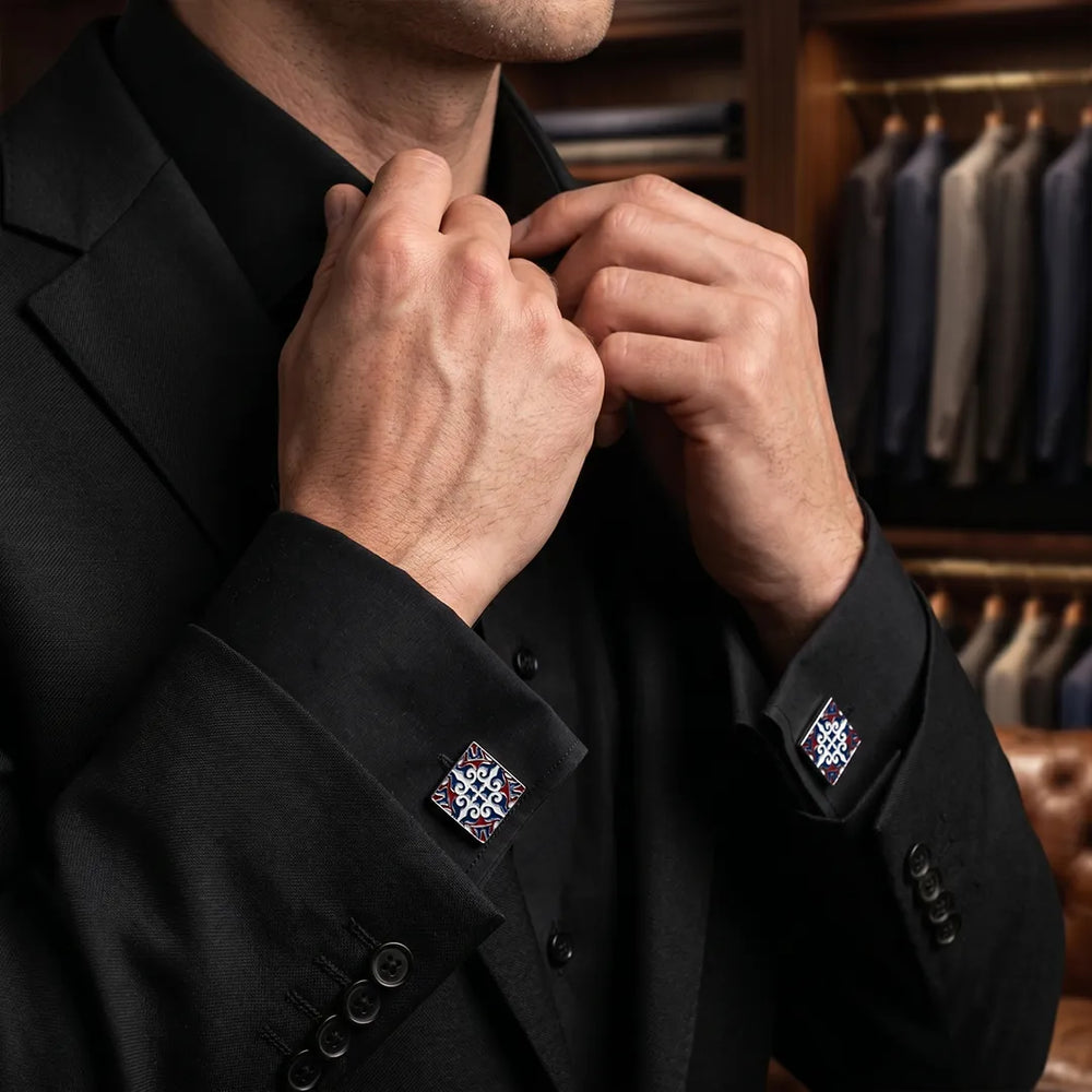 Silver Mediterranean Mosaic Tile Enamel Square Cufflinks | Sailor Australia