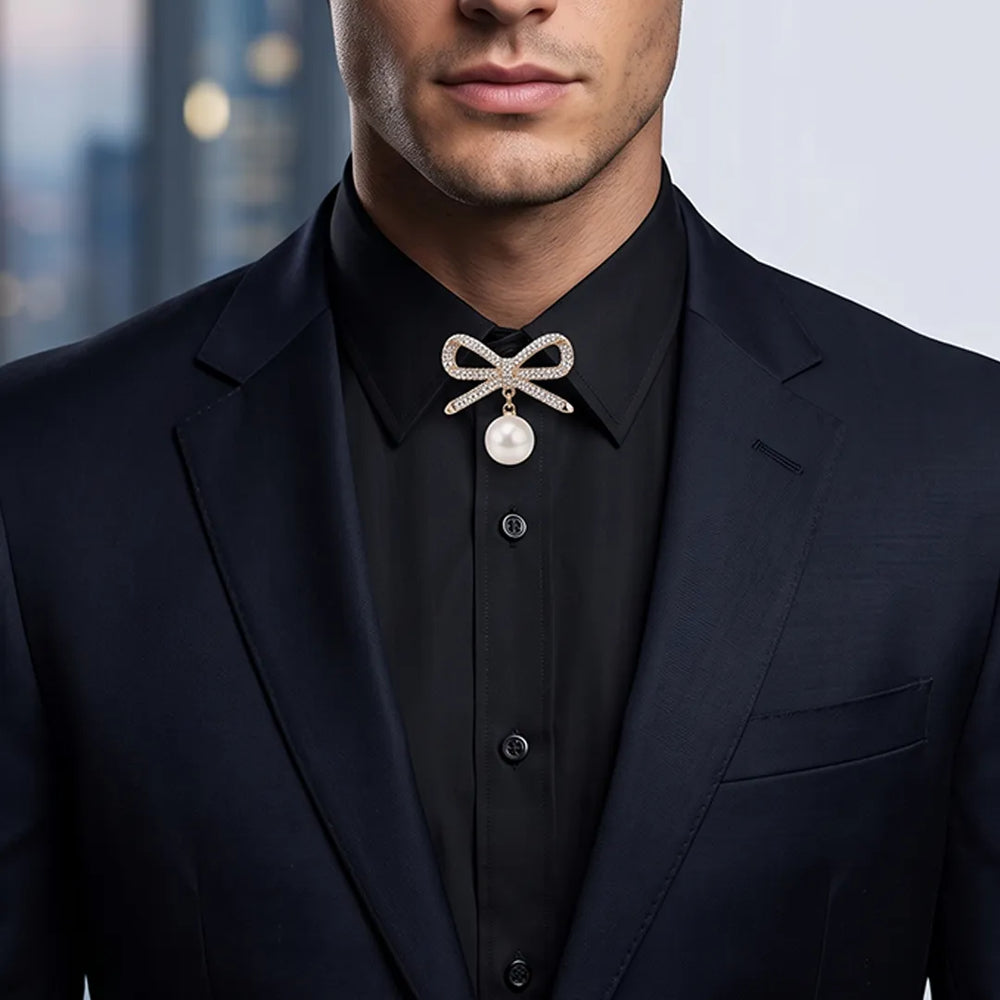 Crystal Bow & Pearl Collar Pin | Wedding & Formal Accessory