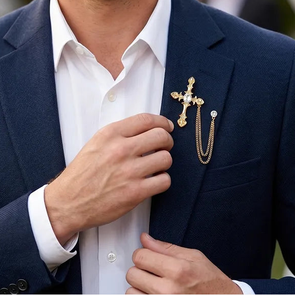 Gold Ornate Cross Crystal Lapel Pin with Chain | Formal & Wedding Accessory