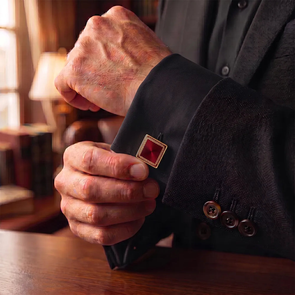 Gold Greek Key Crimson Red Enamel Square Cufflinks | Sailor Australia