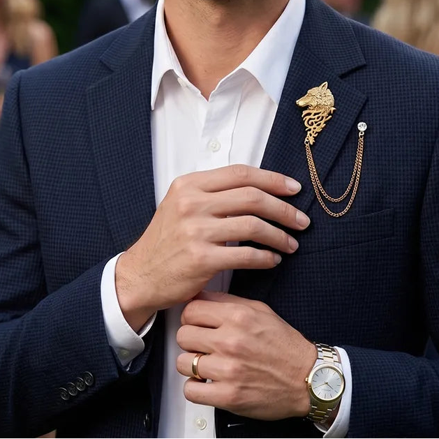 Gold Wolf Head Crystal Lapel Pin with Chain | Formal & Wedding Accessory