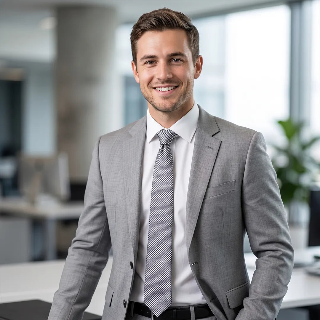 Confident professional smiling in a grey suit and white shirt, wearing a black and white micro-check cotton skinny tie for daily and formal wear.