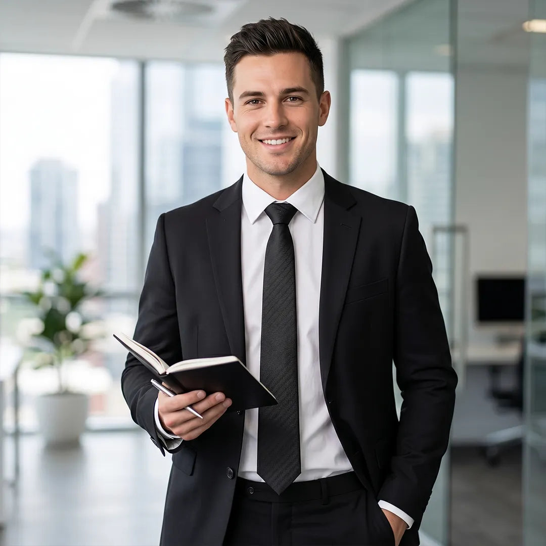 Confident professional smiling in a black suit and white shirt, wearing a black herringbone skinny tie for daily and formal wear.