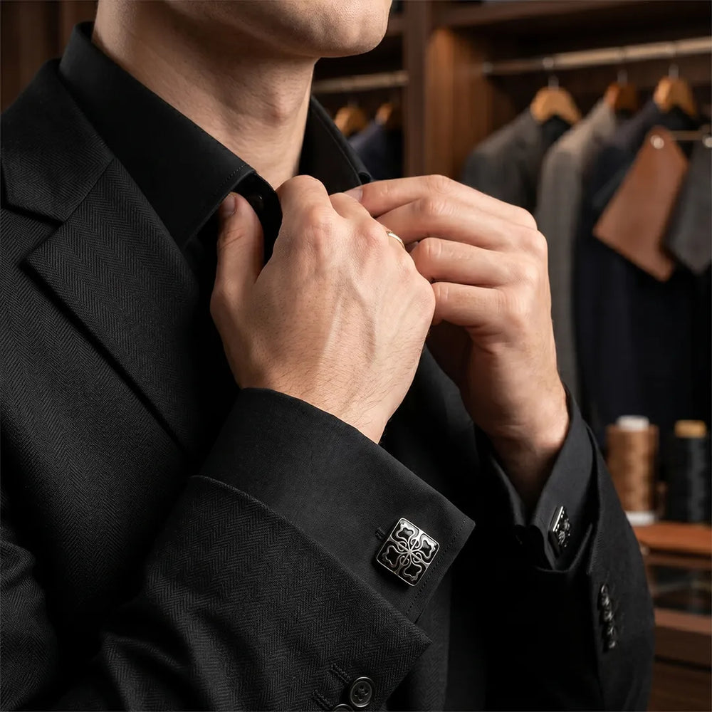 Silver Quatrefoil Black Enamel Square Cufflinks | Sailor Australia