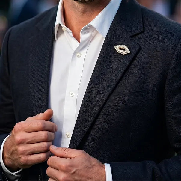 Gold Crystal Lip Lapel Pin | Formal & Wedding Accessory