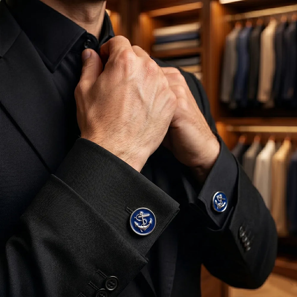 Silver Nautical Anchor Royal Blue Enamel Round Cufflinks | Sailor Australia
