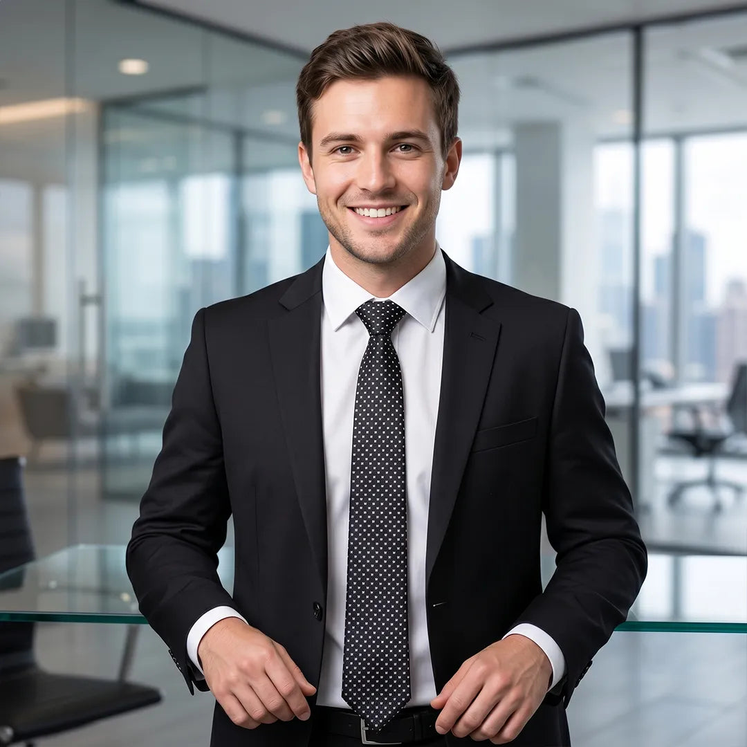 Confident professional smiling in a black suit and white shirt, wearing a black and silver micro-dot skinny tie for daily and formal wear.