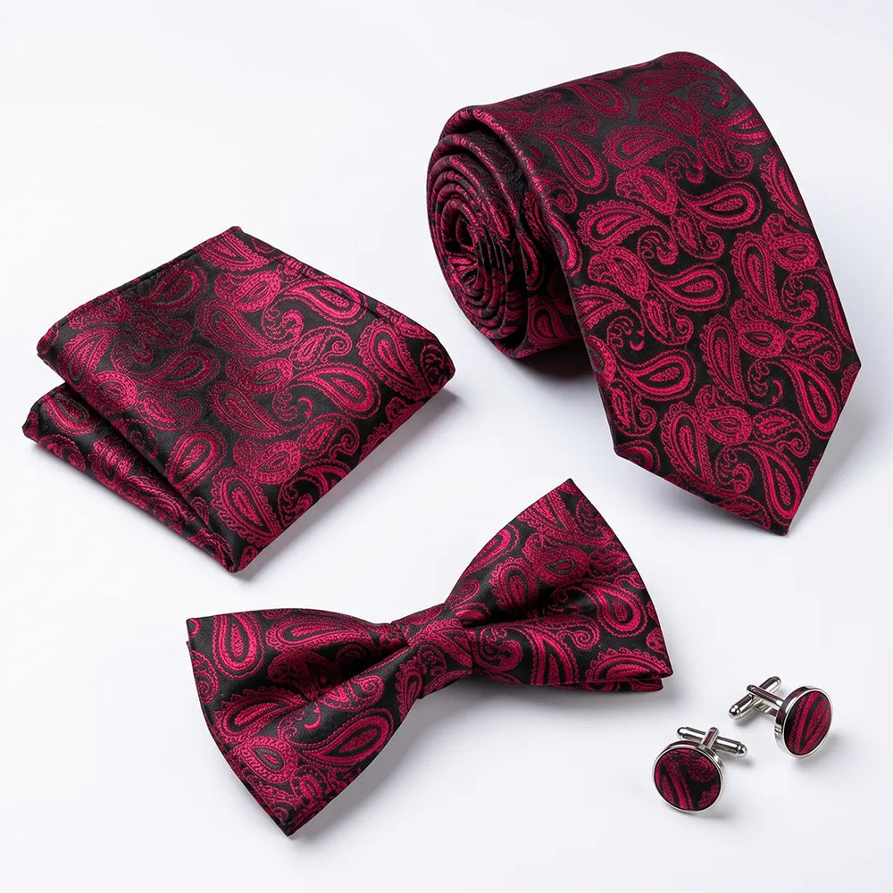Black & Magenta Paisley Tie Set | Wedding & Formal Accessory Set
