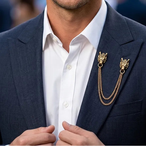 Gold Dragon Head Chain Lapel Pin | Formal & Wedding Accessory