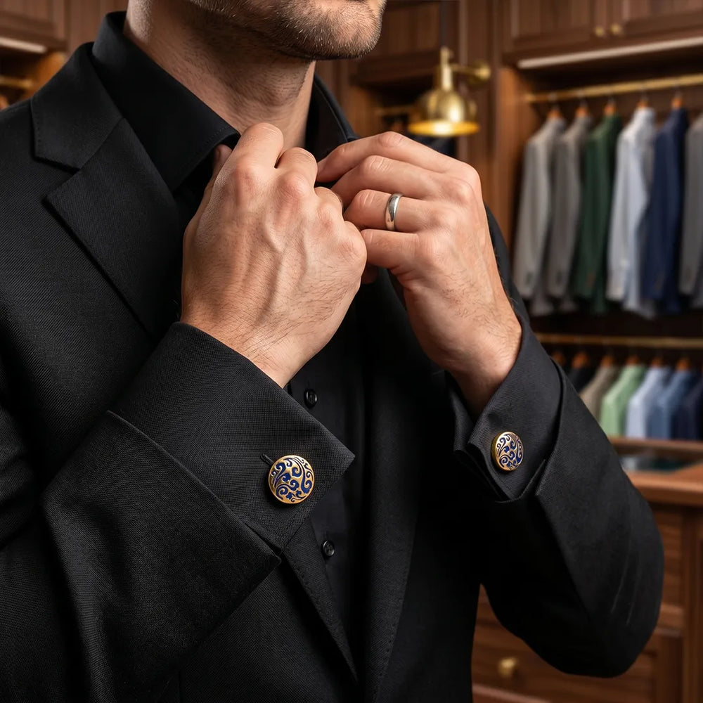 Gold Royal Blue Enamel Arabesque Swirl Round Cufflinks | Sailor Australia