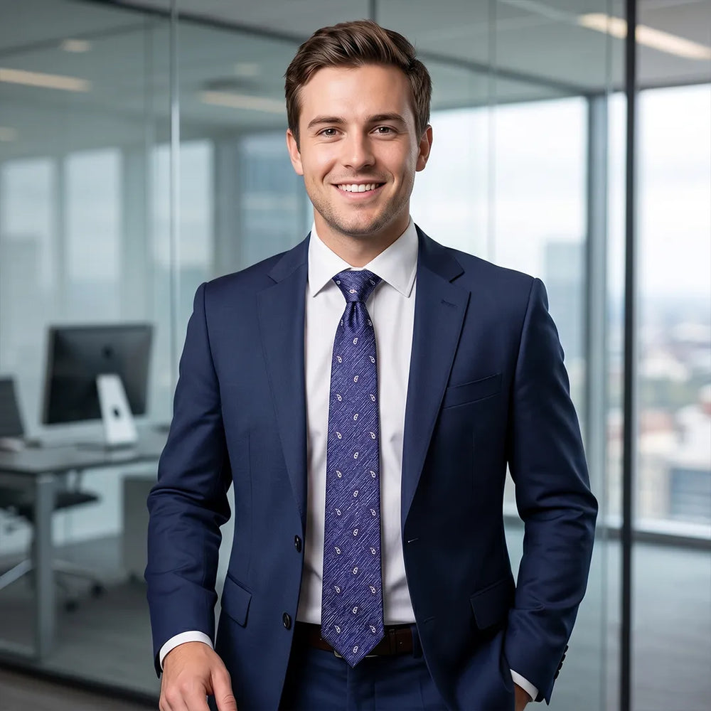 Navy Paisley Skinny Tie | Polyester Wedding & Daily Necktie