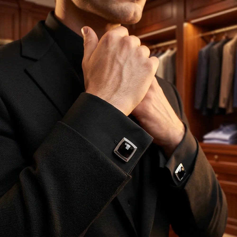 Silver Faceted Black Crystal Textured Square Cufflinks | Sailor Australia