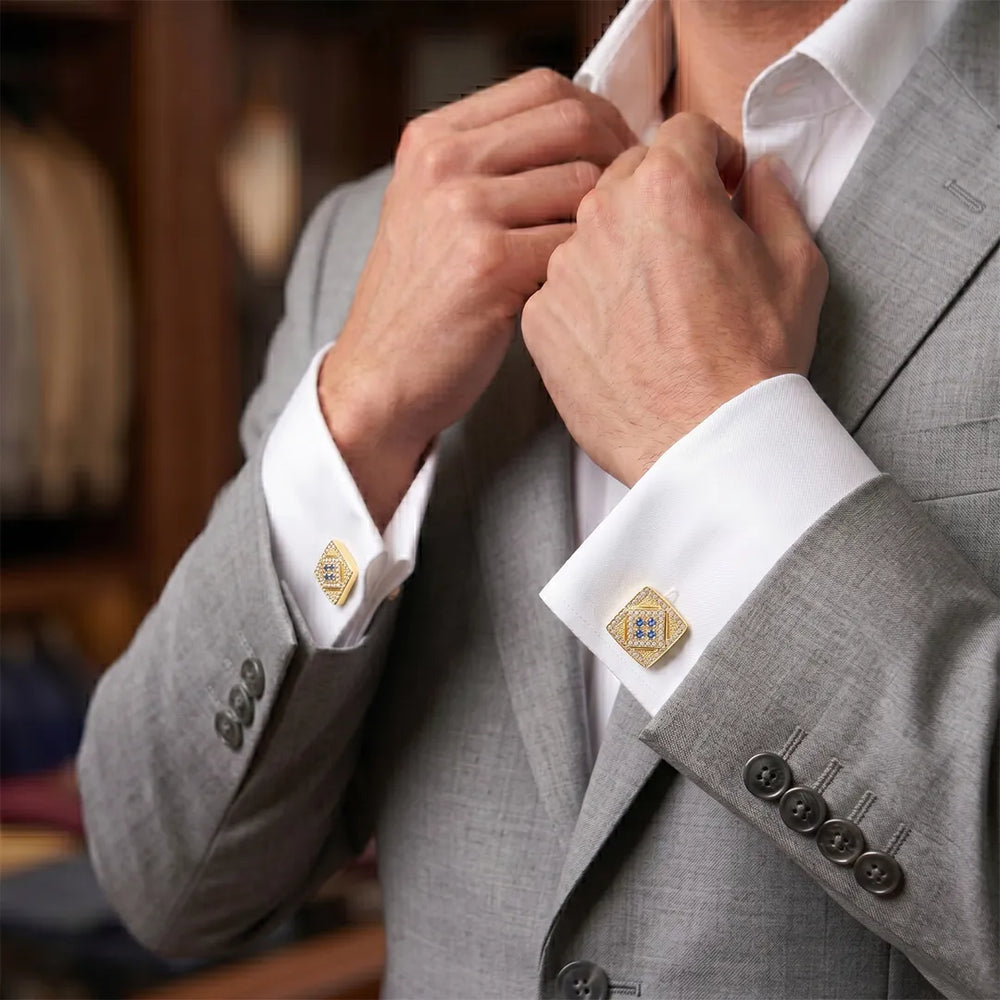 Gold & Aquamarine Crystal Pavé Rectangular Cufflinks | Sailor Australia