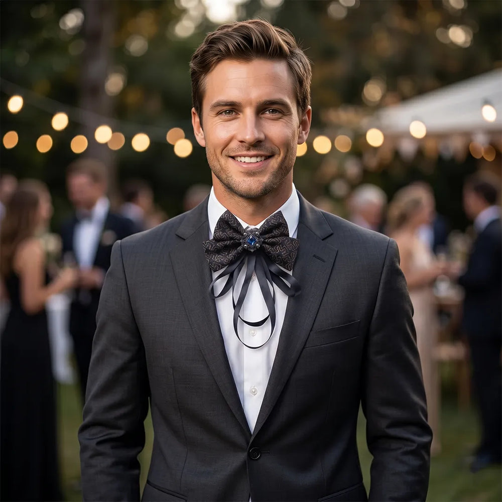 Black & Gold Jeweled Ribbon Bow Tie | Wedding & Formal