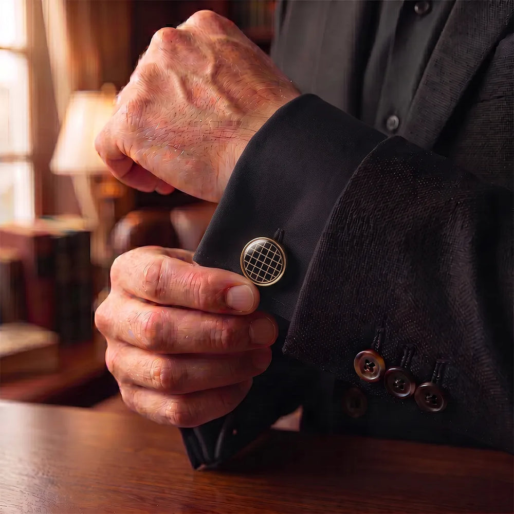 Gold Geometric Grid Black Enamel Round Cufflinks | Sailor Australia
