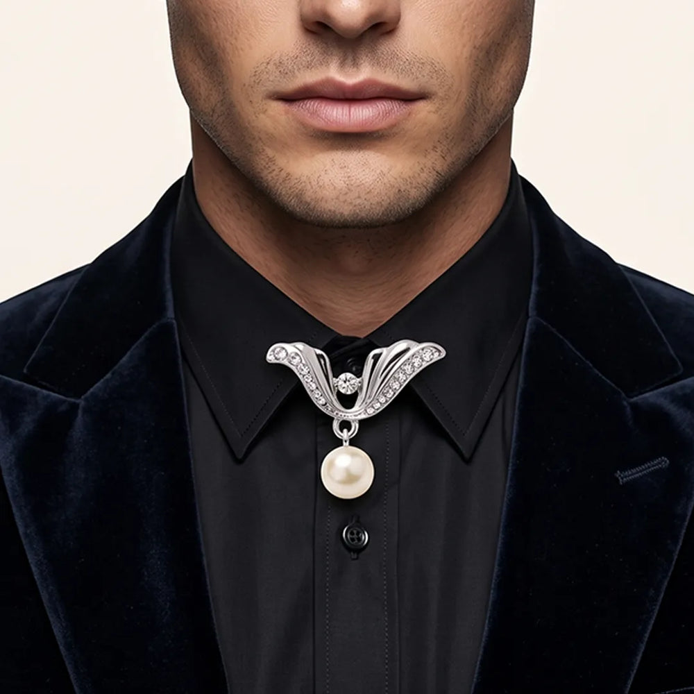 Silver Wing & Pearl Collar Pin | Wedding & Formal Accessory