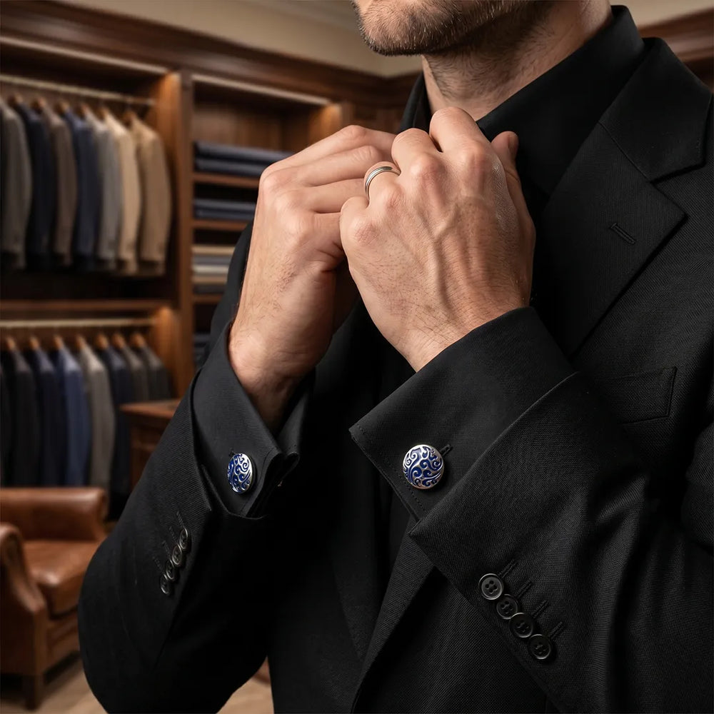 Silver Royal Blue Enamel Arabesque Swirl Round Cufflinks | Sailor Australia