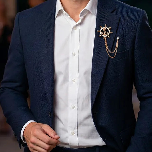 Gold Ship's Wheel Crystal Lapel Pin with Chain | Formal & Wedding Accessory