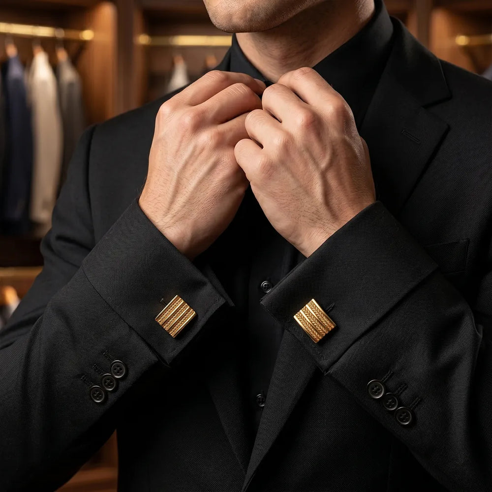 Gold Herringbone Textured Stripe Rectangular Cufflinks | Sailor Australia