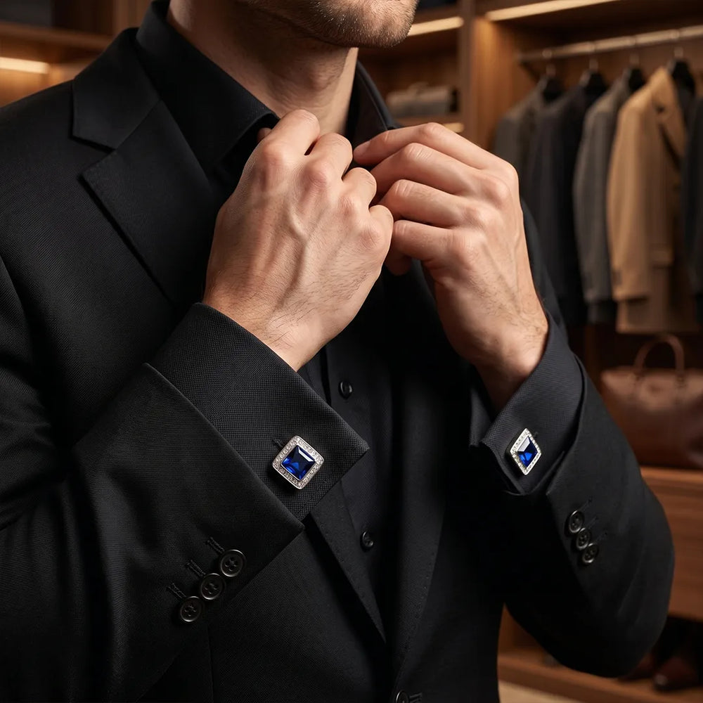 Silver Sapphire Blue Crystal Halo Square Cufflinks | Sailor Australia