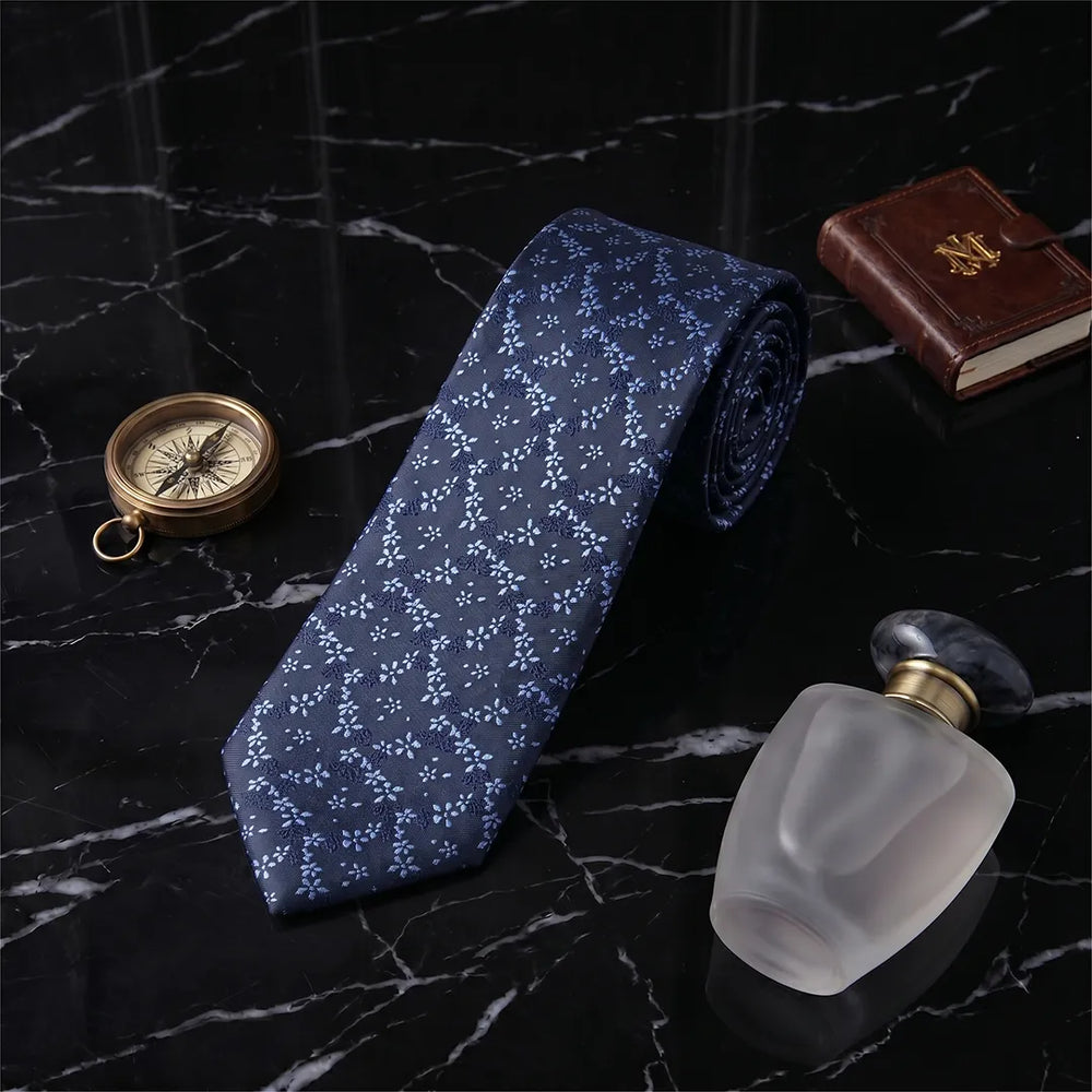 Navy Blue Floral Skinny Tie | Polyester Wedding & Daily Necktie