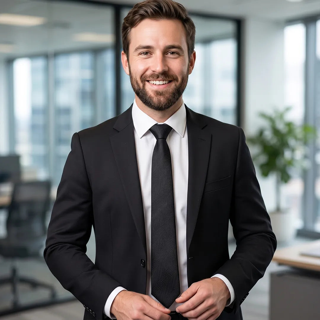 Confident professional smiling in a black suit and white shirt, wearing a black herringbone skinny tie for daily office wear.
