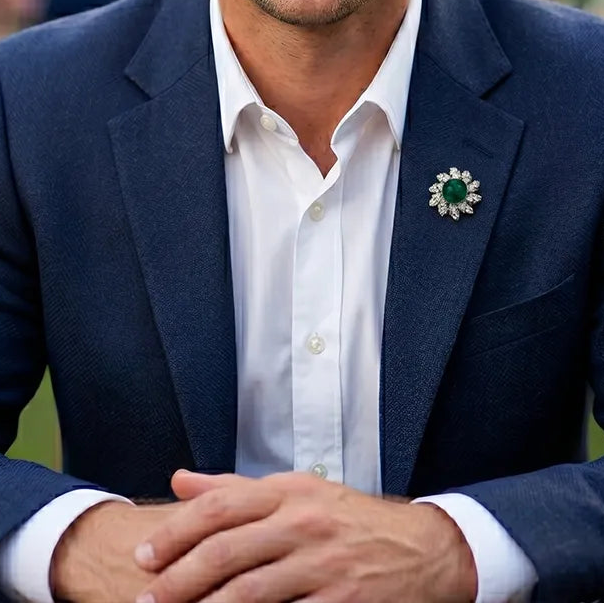 Silver & Emerald Crystal Flower Lapel Pin | Formal & Wedding Accessory