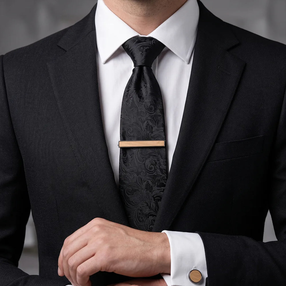 Gunmetal & Light Wood Cufflink & Tie Clip Set | Wedding & Formal