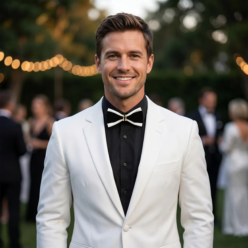 White Leather & Black Jeweled Bow Tie | Wedding, Formal & Casual