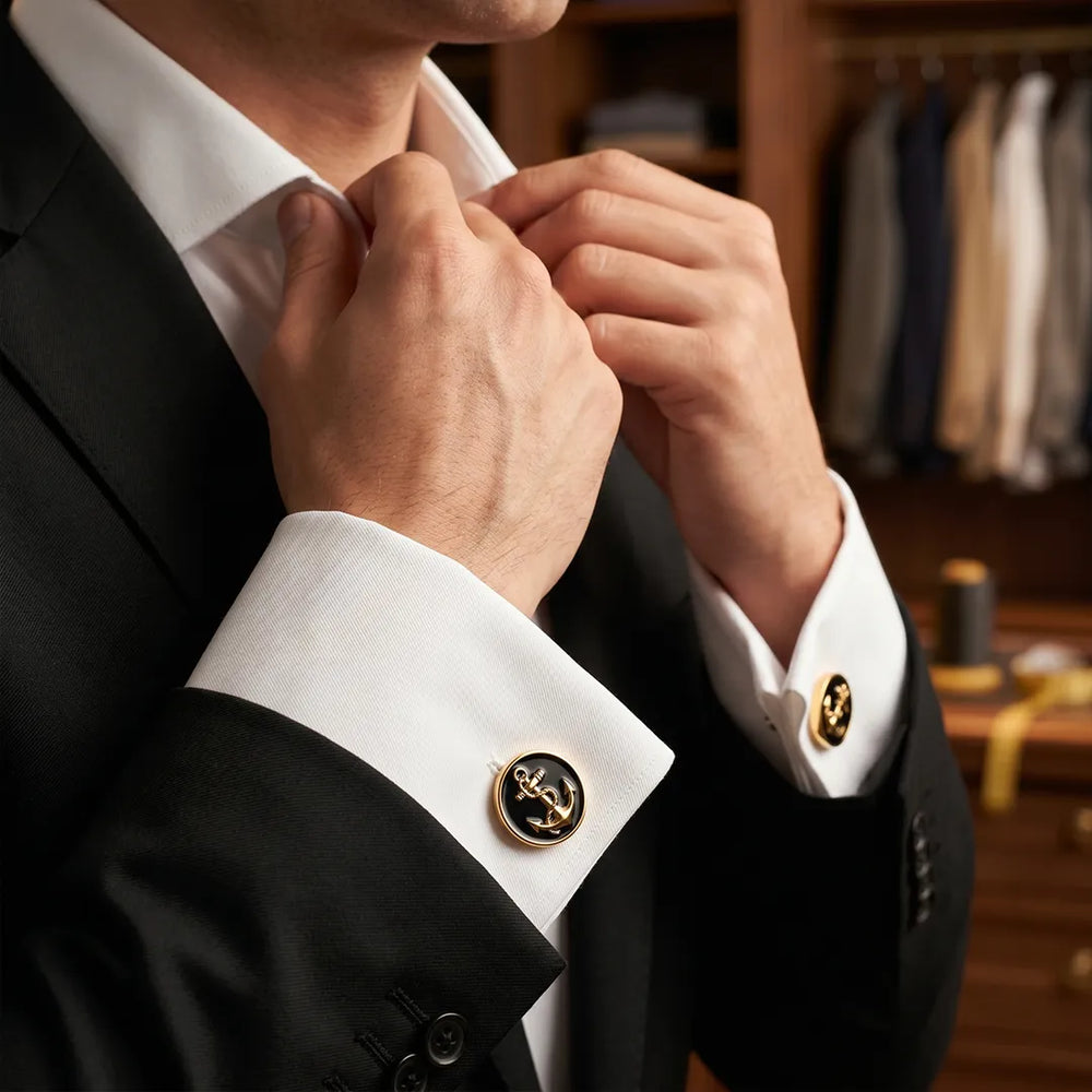 Gold Nautical Anchor Black Enamel Round Cufflinks | Sailor Australia
