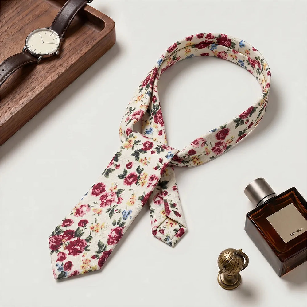 Cream Vintage Rose Floral Cotton Slim Necktie | Sailor Australia